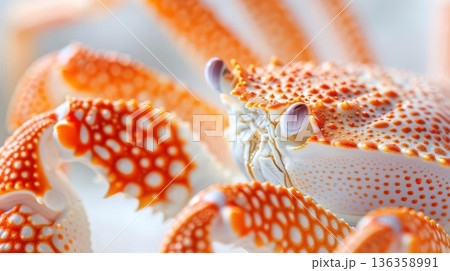 Close-up of a vibrant orange and white crab with intricate markings. 136358991