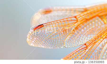 Close-up of dragonfly wings showing intricate veins and patterns. 136358993