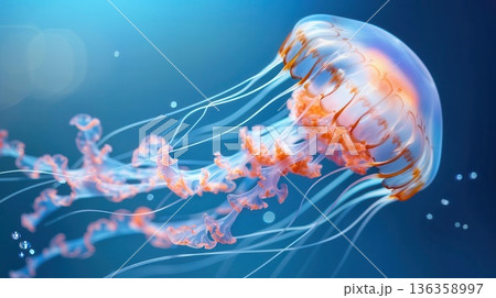 A close-up of a jellyfish swimming in the blue ocean. 136358997