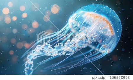 Close-up of a translucent jellyfish with long tentacles floating in a shimmering underwater scene. Close-up of a translucent jellyfish with long tentacles floating in a shimmering underwater scene. 136358998