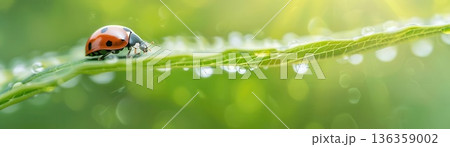 A ladybug sits on a blade of grass covered in dew drops. A ladybug sits on a blade of grass covered in dew drops. 136359002