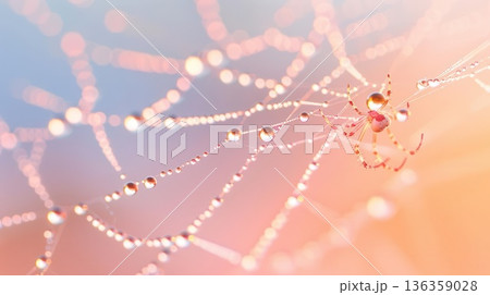 Dew drops glisten on a spider web, creating a delicate, colorful scene. Dew drops glisten on a spider web, creating a delicate, colorful scene. 136359028