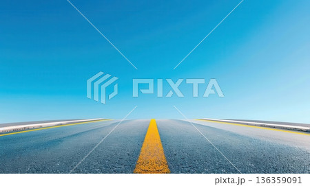 Empty asphalt road with yellow line leading towards clear blue sky. Empty asphalt road with yellow line leading towards clear blue sky. 136359091