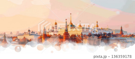 Watercolor painting of the Moscow Kremlin skyline at sunset. 136359178