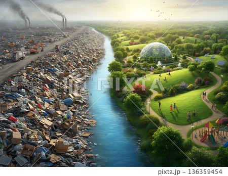 Juxtaposition of pollution and nature side by side at the River Juxtaposition of pollution and nature side by side at the River 136359454