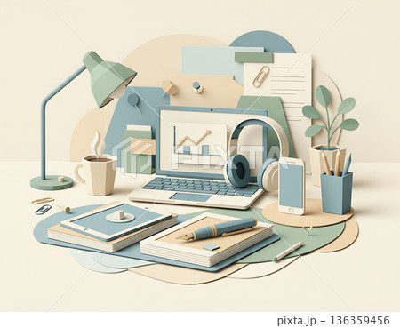 Paper workplace showing laptop, cup, notepad, and other office supplies Paper workplace showing laptop, cup, notepad, and other office supplies 136359456