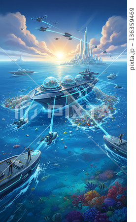 Ocean cleanup project in action near futuristic coastal City 136359469