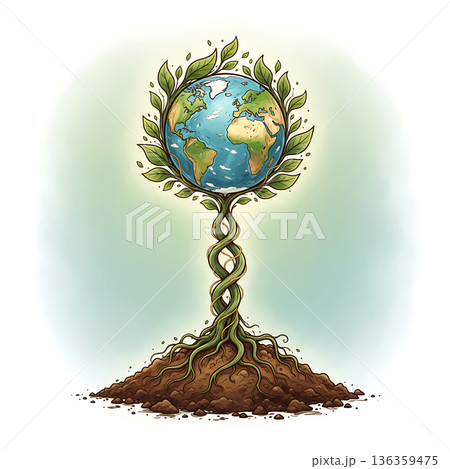 Growing Earth globe with green leaves and intertwined roots system 136359475