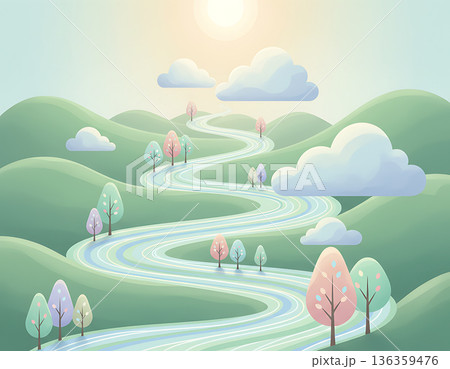 Growth depicted as a scenic winding road with pastel trees and sunny skies 136359476