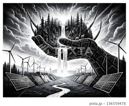 Hand holding forest with renewable energy sources like solar and wind 136359478