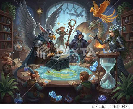 Fantasy creature planning session around table with map and crystal shards 136359483