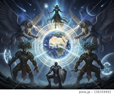 Earth's guardians stand ready protecting against the dark forces of pollution 136359491