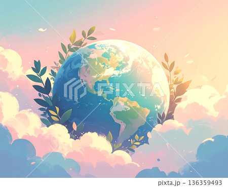 Earth surrounded by clouds and plants celebrates earth day 136359493