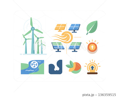 Icons of sustainable energy including wind, solar, hydro and bio energy Icons of sustainable energy including wind, solar, hydro and bio energy 136359515