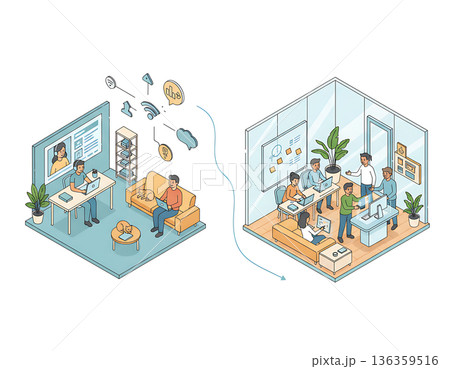 Illustrative depiction of office and remote work environments 136359516