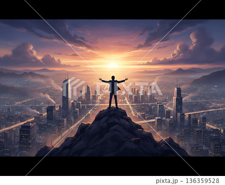 Man stands on mountain top, gazing at City skyline during sunrise Man stands on mountain top, gazing at City skyline during sunrise 136359528