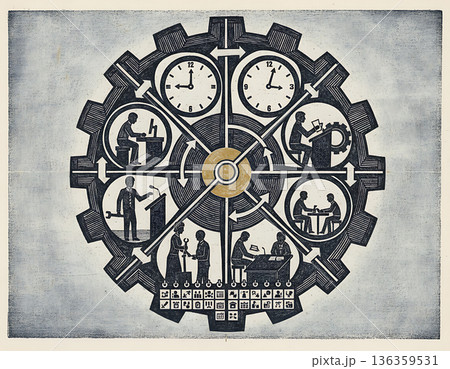 Gear illustrates multiple people working in varied professional settings Gear illustrates multiple people working in varied professional settings 136359531