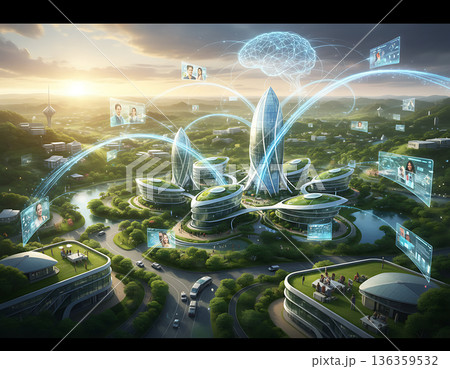 Futuristic office buildings with connected digital worker interface Futuristic office buildings with connected digital worker interface 136359532
