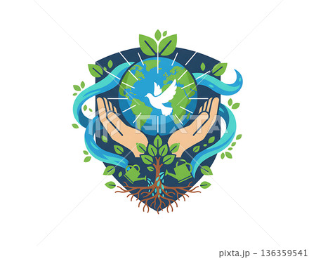 Earth day illustration showing hands holding globe and nature 136359541