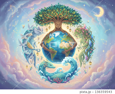 Earth day illustration showing nature embracing planet Earth 136359543