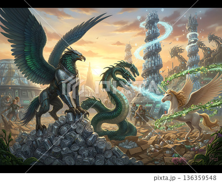 Fantastic recycling and waste management world showing mythical creatures Fantastic recycling and waste management world showing mythical creatures 136359548