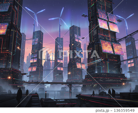 Futuristic cityscape powered by wind and solar energy at sunset 136359549