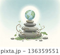Earth Day zen stones balance with globe and growing vines 136359551