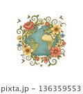 Earth globe encircled by flowers, vines, butterflies, and hummingbirds 136359553