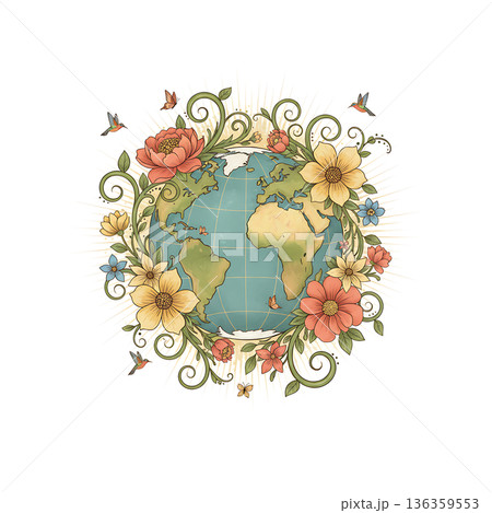 Earth globe encircled by flowers, vines, butterflies, and hummingbirds 136359553
