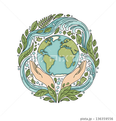 Earth held in hands, surrounded by water and greenery illustration Earth held in hands, surrounded by water and greenery illustration 136359556