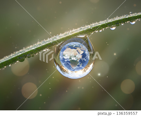 Earth reflected in a water drop on a blade of grass 136359557