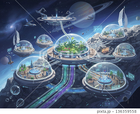 Environmental hubs on moon of Saturn, sustainable space recycling station Environmental hubs on moon of Saturn, sustainable space recycling station 136359558