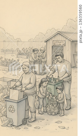 Families and children recycling together at community hub in the garden 136359560