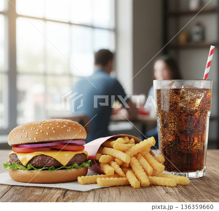カフェのテーブルの上に並ぶハンバーガーとフライドポテトとドリンクのセット 136359660