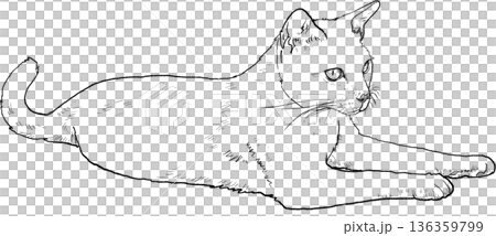 Drawing animal hand drawn black cat outline relaxing on floor with calm graceful pose and minimal line art style Drawing animal hand drawn black cat outline relaxing on floor with calm graceful pose and minimal line art style 136359799