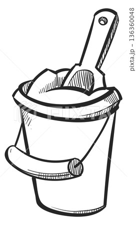 Sandbox toys doodle. Hand drawn sand bucket 136360048