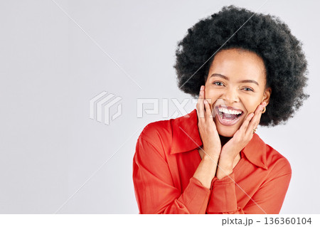 Portrait, surprise and black woman with mockup, excited and announcement on a white studio background. Face, female person and model with happiness, funny and wow with winner, discount sale and news 136360104
