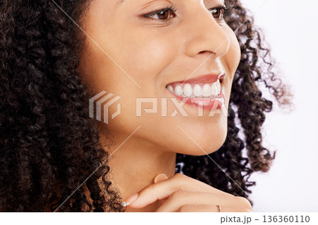 Beauty, skincare and face of black woman on a white background for wellness, health and facial. Dermatology, closeup and natural happy female person smile for cosmetics, makeup and luxury in studio Beauty, skincare and face of black woman on a white background for wellness, health and facial. Dermatology, closeup and natural happy female person smile for cosmetics, makeup and luxury in studio 136360110