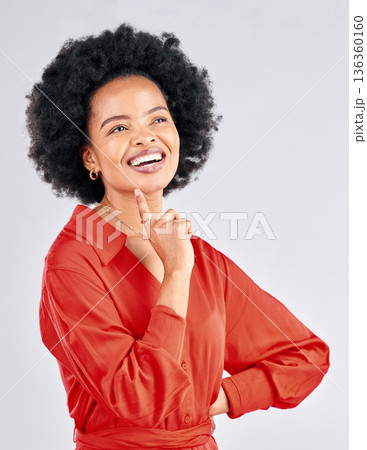 Happy black woman, thinking face and ideas in studio of vision, mindset and planning future inspiration on white background. Female model, smile and daydream of decision, remember memory and solution Happy black woman, thinking face and ideas in studio of vision, mindset and planning future inspiration on white background. Female model, smile and daydream of decision, remember memory and solution 136360160