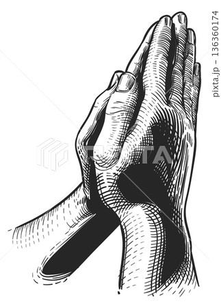 Praying hands engraving. Religious greeting gesture drawing Praying hands engraving. Religious greeting gesture drawing 136360174