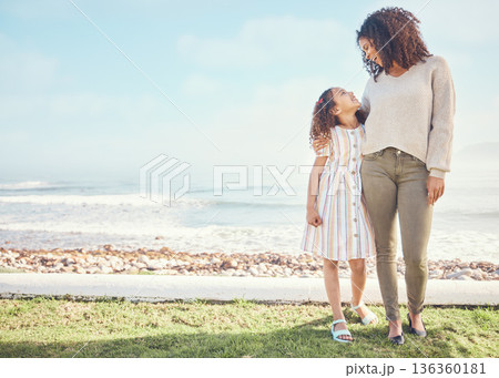 Mockup, mother and child at the beach for vacation or holiday feeling happy, freedom and happiness together. Space, love and mom bonding with kid or girl as care, support and travel in summer Mockup, mother and child at the beach for vacation or holiday feeling happy, freedom and happiness together. Space, love and mom bonding with kid or girl as care, support and travel in summer 136360181