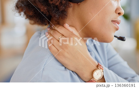 Customer support, call center and woman with neck pain in office with tension, stress and body ache. Telemarketing, crm service and hands of overworked female person with burnout, strain and injury Customer support, call center and woman with neck pain in office with tension, stress and body ache. Telemarketing, crm service and hands of overworked female person with burnout, strain and injury 136360191