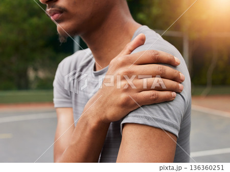 Sports, man and shoulder pain for basketball injury from workout, fitness and exercise in competition. Closeup, athlete and player on court with health problem, accident and first aid for arm wound 136360251