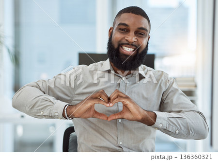 Portrait, business and black man with heart sign, support or care with icon at work, happiness or professional. Face, male person or advertising consultant with love symbol, emoji and smile with like 136360321