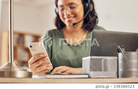 Woman, smartphone and typing in call center for communication, chat support or CRM consulting. Hands of virtual assistant texting on cellphone, reading telemarketing notification or contact for sales Woman, smartphone and typing in call center for communication, chat support or CRM consulting. Hands of virtual assistant texting on cellphone, reading telemarketing notification or contact for sales 136360323
