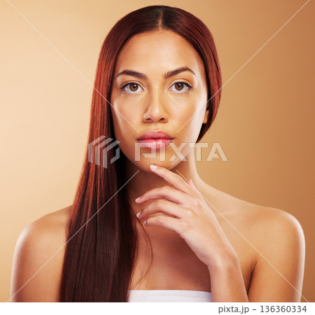 Hair care, natural beauty and portrait of serious woman, hand on skin and luxury salon treatment on brown background. Aesthetic, haircut and haircare, face of model for cosmetics and makeup in studio Hair care, natural beauty and portrait of serious woman, hand on skin and luxury salon treatment on brown background. Aesthetic, haircut and haircare, face of model for cosmetics and makeup in studio 136360334