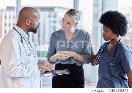 Tablet, doctors and business woman planning, healthcare service and management, schedule and teamwork. Nurse, medical professional and people on digital technology for feedback or hospital data 136360371
