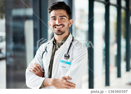 Portrait, doctor arms crossed and man smile for medical services, GP clinic support or professional medicare help. Medicine healthcare expert, hospital trust and surgeon pride in health wellness 136360397