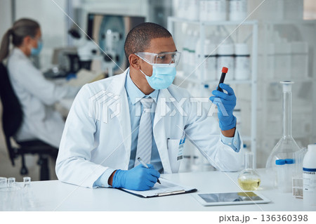 Science, laboratory and man with blood work for doctor research and study in clinic. Lab, analysis and healthcare professional with innovation and dna investigation for hospital test of scientist 136360398