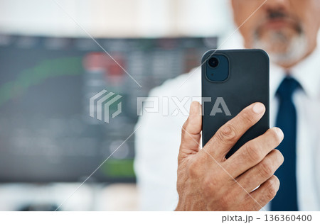 Cellphone, hands and business man trading crypto, NFT or invest in stock market exchange, IPO or fintech company. Closeup phone mockup, economy news and male trader reading financial accounting info 136360400
